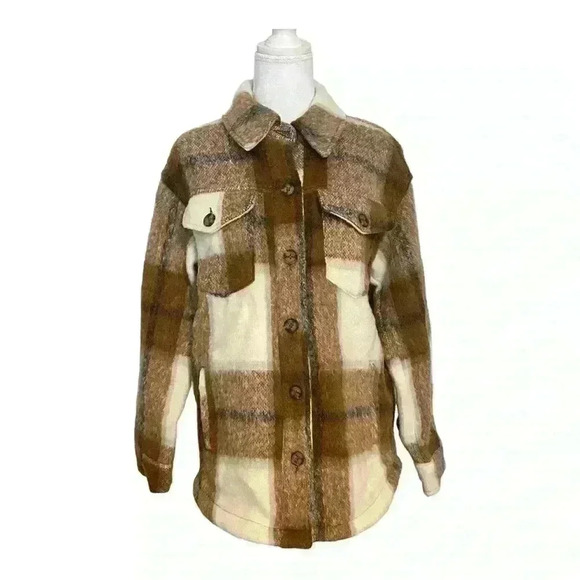 Avec Les Filles NWT Cognac Plaid Oversized Shacket Neutral Brown Button Down S - Picture 3 of 9
